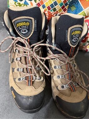 Asolo Woman’s  Tan and Black Hiking Boots with Orange Accents